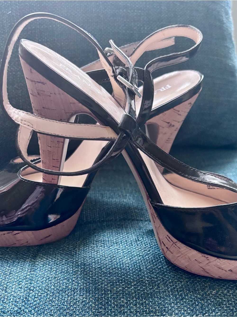 Franco Sarto Black Patent Platform Slingbacks with Cork-Look Wedge